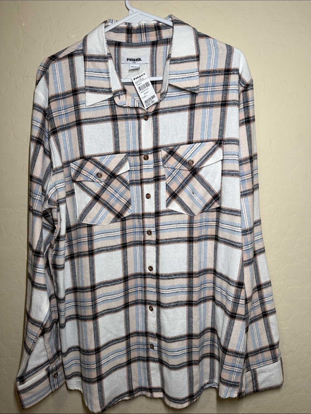RSQ Cream Plaid Shirt with Blue & Brown Accents